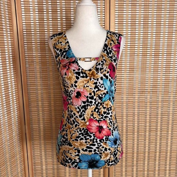 Vintage 2000s Cache knit leopard and floral print tank sleeveless top - Picture 1 of 5